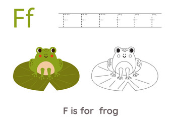 Wall Mural - Tracing alphabet letters with cute animals. Color cute frog. Trace letter F.