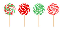 Christmas Lollipops Of Red And Green Colors On Wooden Stick. Set Of Colorful Swirl Round Candies.  Vector Cartoon Illustration 