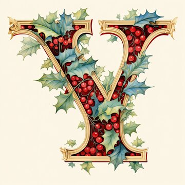 Y capital letter. Christmas theme with holly leaves and berries. Style of an illuminated manuscript.