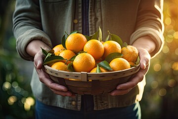 Wall Mural - A woman's hands hold a ripe mandarin in a wicker basket, epitomizing fresh, organic, tropical nourishment.