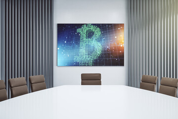 Poster - Creative Bitcoin concept on tv display in a modern presentation room. 3D Rendering