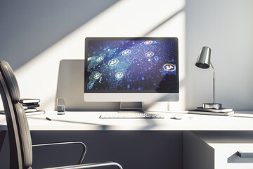 Aufkleber - Modern computer monitor with social network icons concept with world map. Marketing and promotion concept. 3D Rendering