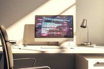 Poster - Computer monitor with abstract creative programming illustration, big data and blockchain concept. 3D Rendering