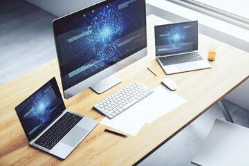 Poster - Modern computer monitor with creative code skull hologram. Malware and cyber crime concept. 3D Rendering