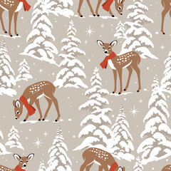 Wall Mural - Seamless vector pattern with cute Christmas fawn, snowy pine trees, and snowflakes. Hand drawn illustration artwork. Perfect for textile, wallpaper or print design.