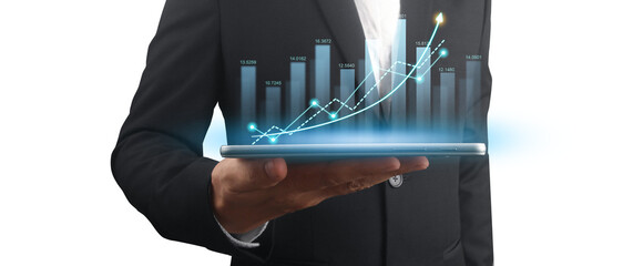 Wall Mural - Businessman plan graph growth and increase of chart positive indicators ,tablet in hand