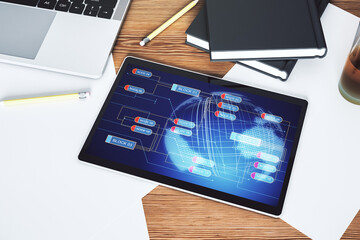 Aufkleber - Abstract creative coding illustration with world map on modern digital tablet display, international software development concept. Top view. 3D Rendering