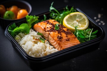 Wall Mural - A healthy lunch in the lunch box: grilled salmon fillet with fresh salad is a nutritious and tasty dish.