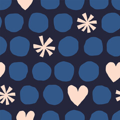 Wall Mural - Cute seamless pattern with circles, snowflakes and hearts. Colourful vector texture with different shapes