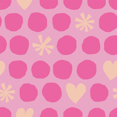 Wall Mural - Cute seamless pattern with circles, snowflakes and hearts. Colourful vector texture with different shapes