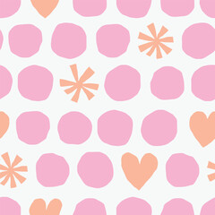 Wall Mural - Cute seamless pattern with circles, snowflakes and hearts. Colourful vector texture with different shapes