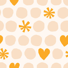 Wall Mural - Cute seamless pattern with circles, snowflakes and hearts. Colourful vector texture with different shapes