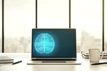 Aufkleber - Modern computer monitor with creative artificial Intelligence symbol. Neural networks and machine learning concept. 3D Rendering