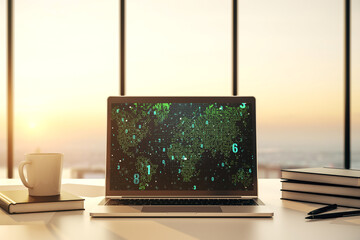 Poster - Modern computer display with abstract software development hologram and world map, global research and analytics concept. 3D Rendering