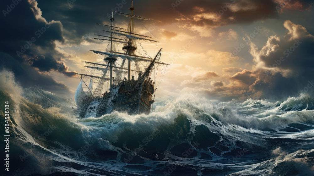 Vintage Sailing Ship With The Bow Of The Ship In The Middle Of The Sea vintage-sailing-ship-with-the-bow-of-the-ship-in-the-middle-of-the-sea