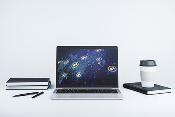 Aufkleber - Modern computer monitor with social network icons concept with world map. Marketing and promotion concept. 3D Rendering