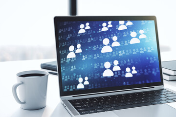 Aufkleber - Modern computer monitor with social network icons concept. Marketing and promotion concept. 3D Rendering