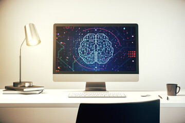 Poster - Modern computer monitor with creative artificial Intelligence symbol. Neural networks and machine learning concept. 3D Rendering