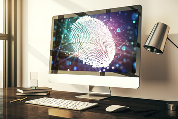 Poster - Modern computer display with abstract graphic fingerprint sketch, fingerprint scan data concept. 3D Rendering