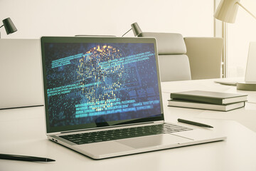 Poster - Creative concept of code skull illustration on modern laptop screen. Hacking and phishing concept. 3D Rendering
