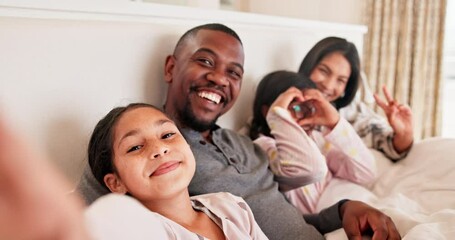 Poster - Family, selfie or smile on bed in bedroom of home for bonding, care and relaxing with love or joy. Interracial, parents or girl children with photo memory, comic or peace with resting in the morning