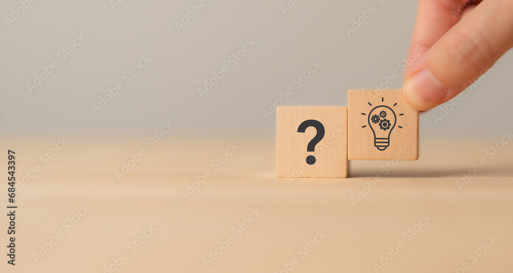 Question marks and light bulb symbolizing idea or solution. Problem ...