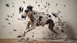 A dalmatian dog with black spots on the wall behind it