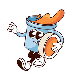 Groovy paint jar character vector illustration. Cartoon isolated retro sticker of funny paint bottle with orange pigment, blue container mascot with smile on happy face walking and holding lid