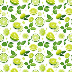  green and white leaves with slices of lime seamless pattern background