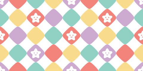 Poster - star smile seamless pattern christmas checked vector pastel cartoon gift wrapping paper scarf isolated repeat wallpaper tile background illustration doodle design