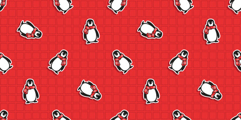 Wall Mural - penguin seamless pattern christmas scarf santa claus hat doodle checked cartoon gift wrapping paper tile background repeat wallpaper illustration isolated design