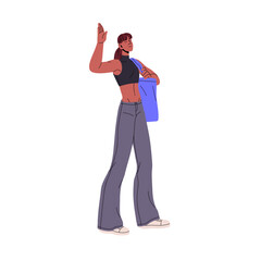 Wall Mural - Happy skinny woman with shoulder bag greeting, gesture hello. Girl with athletic figure, sporty body go to sport training. Slim people smile. Flat isolated vector illustration on white background