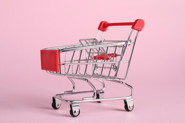 Small metal shopping cart on pink background