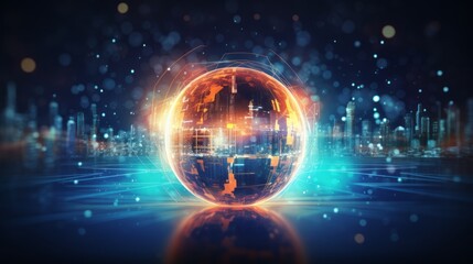Poster - glowing transparent sphere on abstract futuristic digital technology background, illuminating the sc