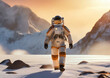 Un cosmonaute vu de face marche sur une planète glacée déserte, des montagnes en arrière plan