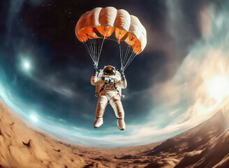 Impressive low angle view of a cosmonaut landing on a planet by parachute, fisheye view