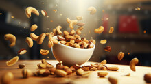 Nut Mix Almonds And Cashews In A Bowl Flying Through The Air.