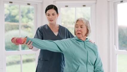 Poster - Woman, nurse and senior patient with dumbbell in physiotherapy, fitness or exercise at old age home. Female person, therapist or doctor helping client in stretching, therapy or weightlifting at house