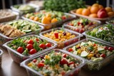 Fototapeta  - Close-up of healthy vegetarian food in containers. A lot of vegetables, fruits, herbs, dishes on the table. Delivering a balanced nutrition concept.