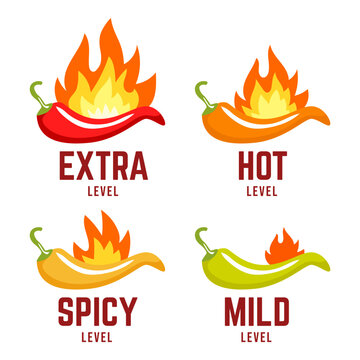 Hot spicy level labels of vector chili. Spicy food or sauce taste scale indicators, green, red, yellow and orange rating signs for hot, extra and mild taste