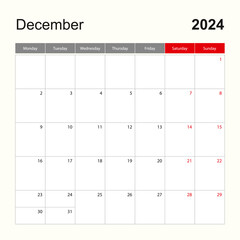 Wall Mural - Wall calendar template for December 2024. Holiday and event planner, week starts on Monday.