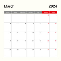 Wall Mural - Wall calendar template for March 2024. Holiday and event planner, week starts on Monday.