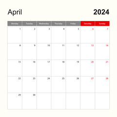 Wall Mural - Wall calendar template for April 2024. Holiday and event planner, week starts on Monday.