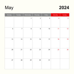 Wall Mural - Wall calendar template for May 2024. Holiday and event planner, week starts on Monday.