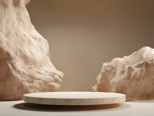 Poster - Empty round marble platform centered between two rugged rocks with beige background. High quality photo