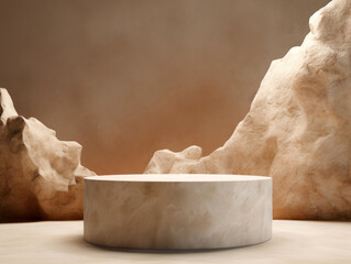 Poster - Empty round marble round podium centered between rugged rocks with beige background. High quality photo