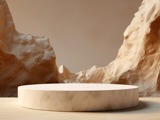 Poster - Empty round marble round pedestal centered between rugged rocks with beige background. High quality photo