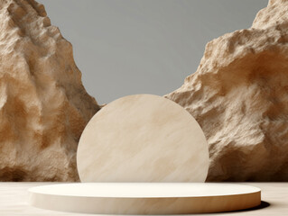 Poster - Minimalist display with a beige marble circular pedestal between two textured rocks on a plain background. High quality photo
