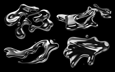 Poster - Y2K Melted chrome liquid metal shapes set isolated. Spilled wavy molten gloss aluminium mercury form. Futuristic aluminium droplets