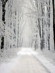 Poster - Snowy path through a frost covered trees forest, with white winter landscape background. High quality photo